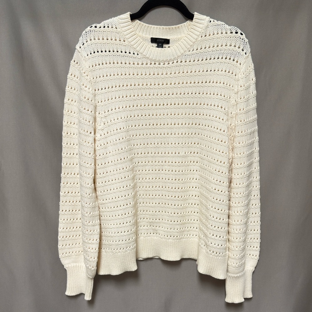 NWOT J.Crew Crewneck Pointelle Sweater — Plus Size 2X, Ivory, Boho, Knit, Cotton